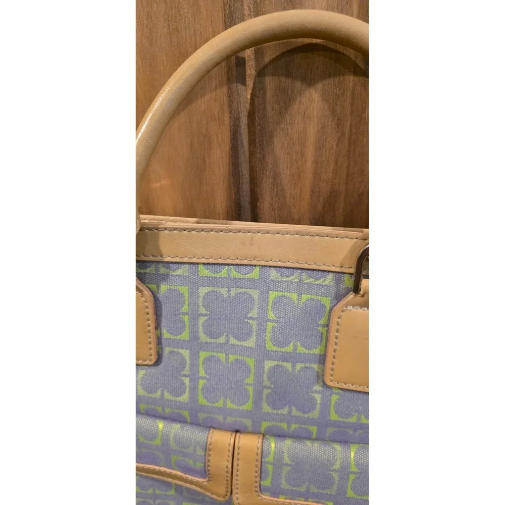 Liz Claiborne Tote Handbag Womens Blue‎ Geometric Canvas Leather Trim Classic
